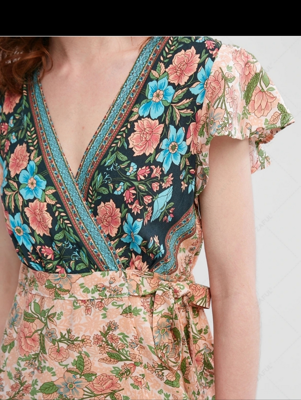 Bohemian Peach Floral Wrap And Tie Maxi Dress with Contrasting Border Size L - Picture 3 of 16